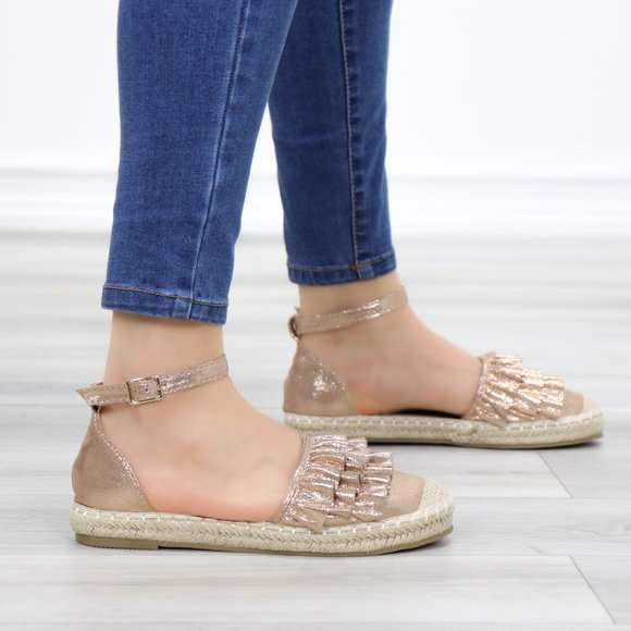 Sparkly Champagne Espadrille Ruffle Sandals - Picture 5 of 11